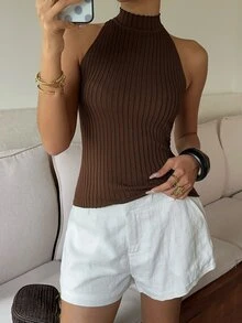 Autumina Women's Summer Brown Lazy Minimalist Casual Versatile Sexy Hot Girl Style Halter Knit Top - Brown - View 6