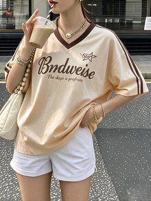 Lalippa Letter Number Print V-Neck T-Shirt, Fashionable Minimalist Casual Active, A Great Gift For Friends School Teacher Beige Summer - Multicolor - View 4