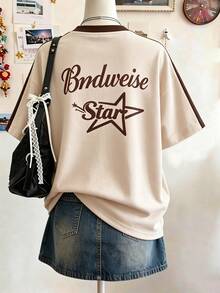 Lalippa Letter Number Print V-Neck T-Shirt, Fashionable Minimalist Casual Active, A Great Gift For Friends School Teacher Beige Summer - Multicolor - View 2