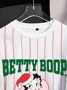 Betty Boop x SHEIN Women's Autumn/Winter Casual Striped Cartoon Print Sweatshirt - White - View 3