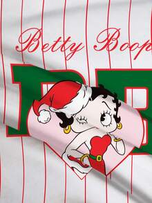 Betty Boop x SHEIN Women's Autumn/Winter Casual Striped Cartoon Print Sweatshirt - White - View 4