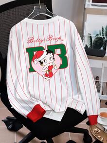 Betty Boop x SHEIN Women's Autumn/Winter Casual Striped Cartoon Print Sweatshirt - White - View 2