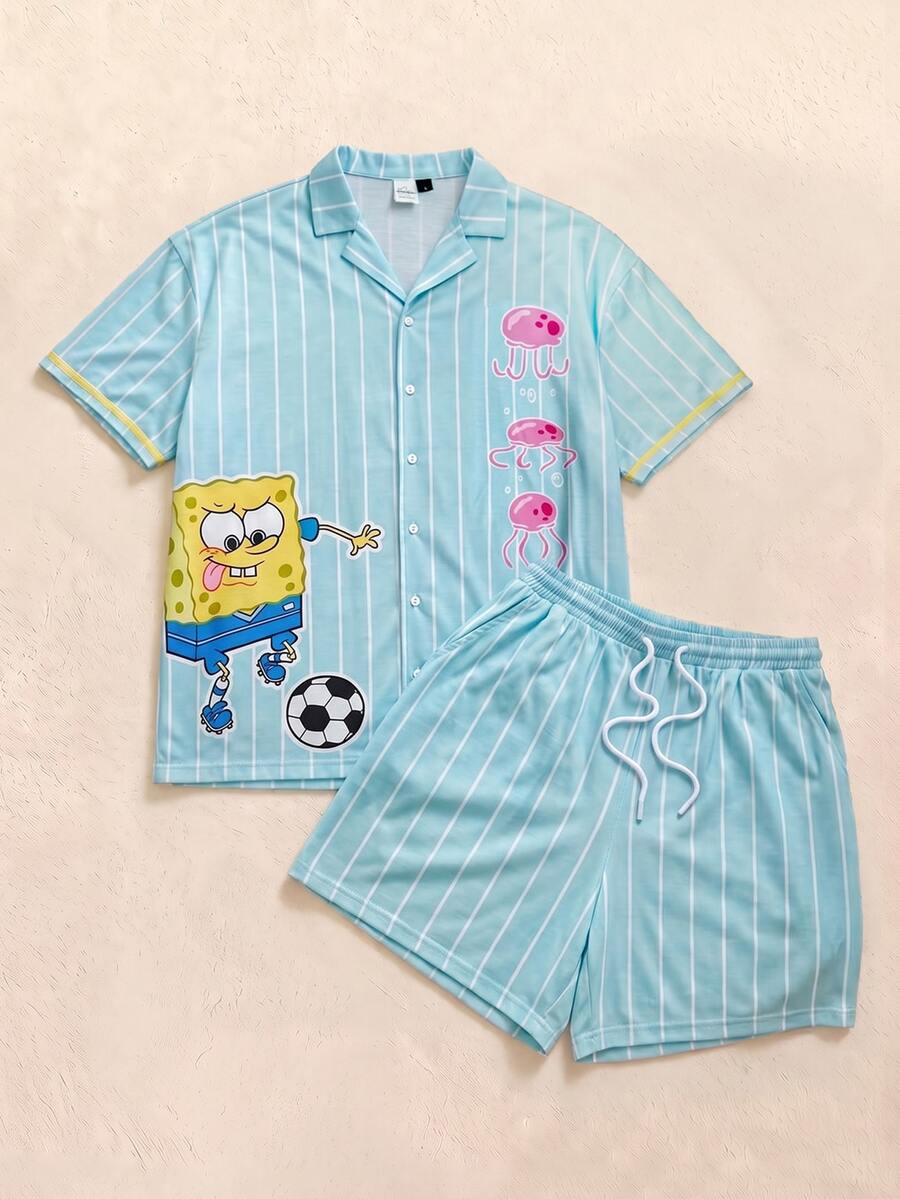 SpongeBob SquarePants | SHEIN 男士条纹卡通印花短袖上衣和抽绳短裤休闲家居服套装 - 藍白色 - 查看 1