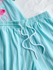 SpongeBob SquarePants | SHEIN 男士条纹卡通印花短袖上衣和抽绳短裤休闲家居服套装 - 藍白色 - 查看 7