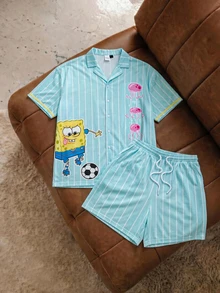 SpongeBob SquarePants | SHEIN 男士条纹卡通印花短袖上衣和抽绳短裤休闲家居服套装 - 藍白色 - 查看 2