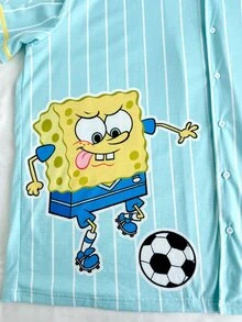 SpongeBob SquarePants | SHEIN 男士条纹卡通印花短袖上衣和抽绳短裤休闲家居服套装 - 藍白色 - 查看 5