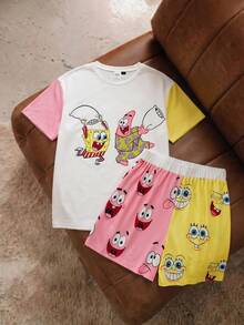 SpongeBob SquarePants | SHEIN Women's Cartoon Print Short Sleeve Top And Shorts Pajama Set, - Multicolor - View 2