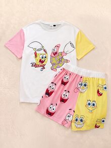 SpongeBob SquarePants | SHEIN Women's Cartoon Print Short Sleeve Top And Shorts Pajama Set, - Multicolor - View 1