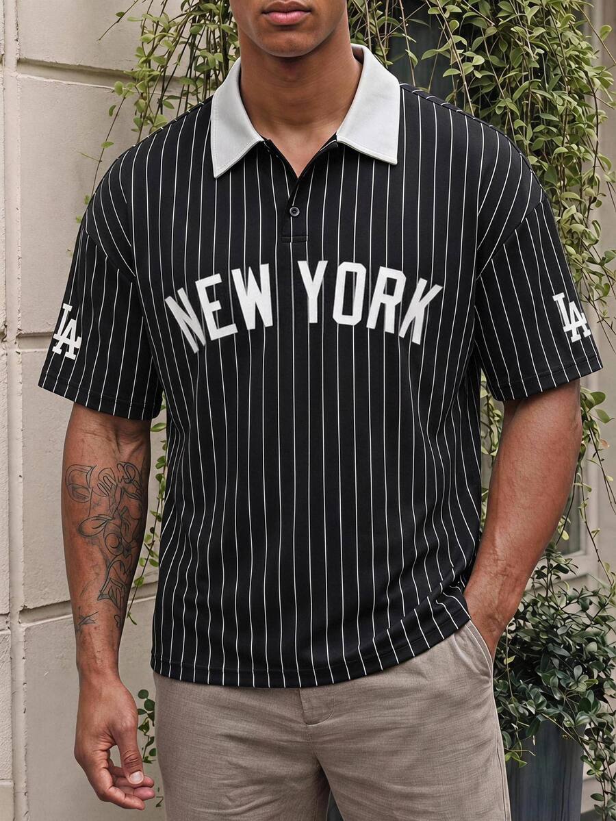 Manfinity EZcore Men's Plus Size Striped Letter Print Polo Shirt - Multicolor - View 1