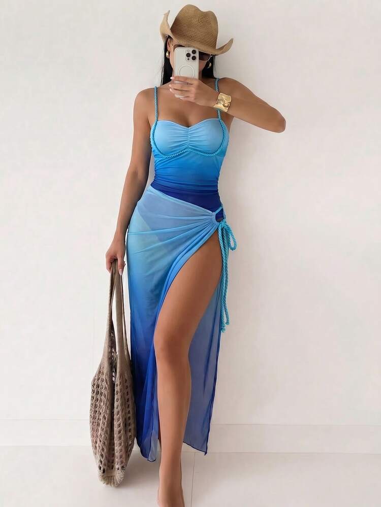 Bonvoyette Women's Sexy Ombre Digital Print One-Piece Swimsuit With Gradient Mesh Skirt, Suitable For Beach Vacation In Spring, Summer And Autumn - Blue - View 2