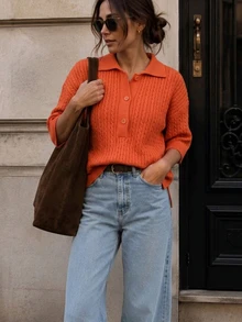 SHEIN Orange Loose Cable Knit Pullover Sweater With Turn-Down Collar, Autumn/Winter - Orange - View 4