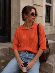 SHEIN Orange Loose Cable Knit Pullover Sweater With Turn-Down Collar, Autumn/Winter - Orange - View 3