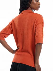 SHEIN Orange Loose Cable Knit Pullover Sweater With Turn-Down Collar, Autumn/Winter - Orange - View 2