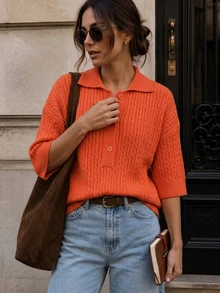 SHEIN Orange Loose Cable Knit Pullover Sweater With Turn-Down Collar, Autumn/Winter - Orange - View 5