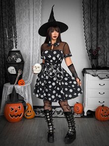 Whyspr Halloween Grunge Punk Plus Size Printed Hollow Neckline Mesh Dress - Black and White - View 4