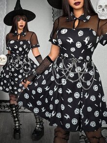 Whyspr Halloween Grunge Punk Plus Size Printed Hollow Neckline Mesh Dress - Black and White - View 1