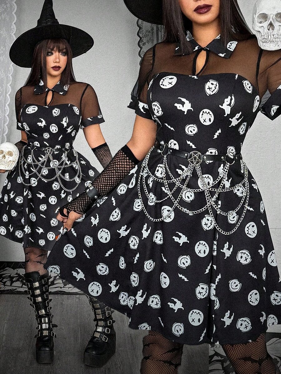 Whyspr Halloween Grunge Punk Plus Size Printed Hollow Neckline Mesh Dress - Black and White - View 1