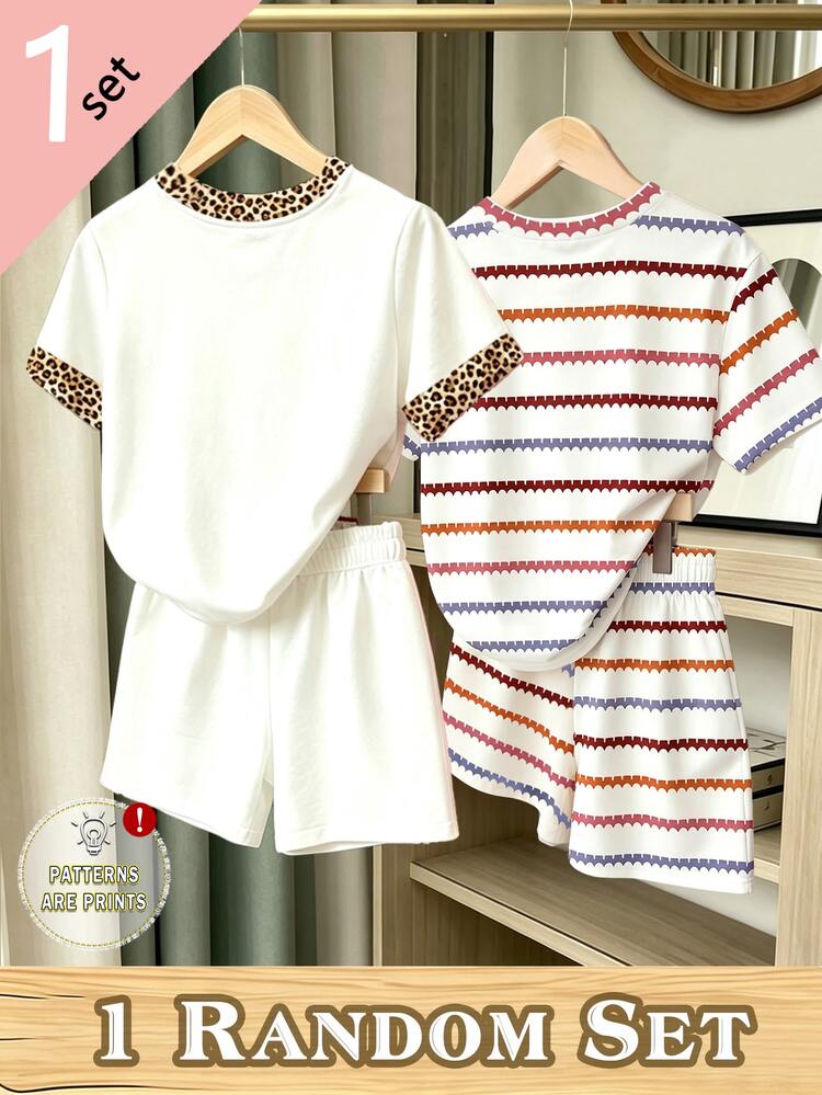 ((1 Random Set)) Girls Leopard Print Bow Strawberry Floral Striped Letter Short T-Shirt And Shorts - Multicolor - View 2