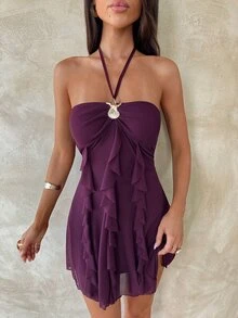 Aloruh Women's Dark Purple Mesh Halter Mini Dress With Metal Starfish Decor,Ruffle Hem,Frills,Boho Tropical Summer Holiday Party Vacation 70s Resort Wear - Purple - View 6