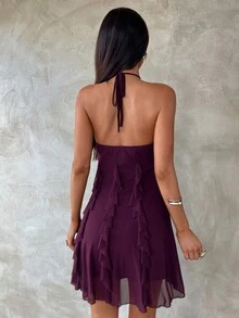 Aloruh Women's Dark Purple Mesh Halter Mini Dress With Metal Starfish Decor,Ruffle Hem,Frills,Boho Tropical Summer Holiday Party Vacation 70s Resort Wear - Purple - View 2