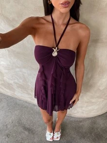 Aloruh Women's Dark Purple Mesh Halter Mini Dress With Metal Starfish Decor,Ruffle Hem,Frills,Boho Tropical Summer Holiday Party Vacation 70s Resort Wear - Purple - View 5