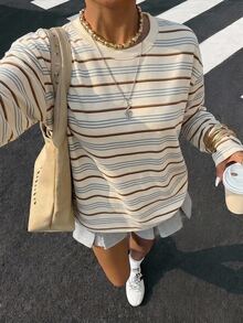 Muvela 95%棉休閒條紋圓領長袖寬鬆版型T恤 - 彩色 - 查看 6
