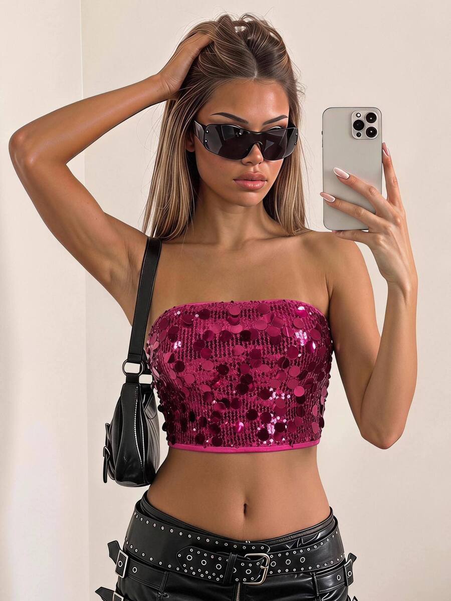 SHEIN ICON Y2K 闪光抹胸上衣,性感夜店短款派对上衣 - 玫紅色 - 查看 1