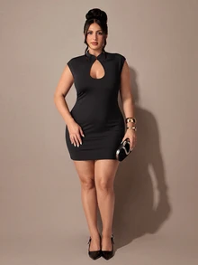 SHEIN BAE CURVE Plus Size Women Black New Chinese Style Cheongsam Collar Dress - Black - View 7