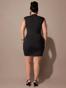 SHEIN BAE CURVE Plus Size Women Black New Chinese Style Cheongsam Collar Dress - Black - View 3