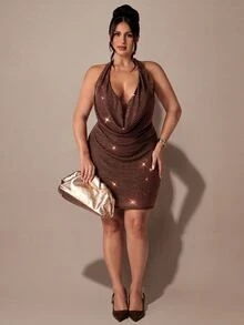 SHEIN BAE CURVE Plus Size Women's Brown Rhinestone Embellished Cowl Neck Halter Dress - Brown - View 3