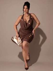 SHEIN BAE CURVE Plus Size Women's Brown Rhinestone Embellished Cowl Neck Halter Dress - Brown - View 4