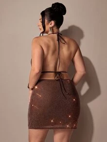 SHEIN BAE CURVE Plus Size Women's Brown Rhinestone Embellished Cowl Neck Halter Dress - Brown - View 6