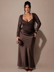 SHEIN BAE CURVE 大尺碼女款蕾絲修身長袖洋裝，優雅長洋裝 - 白色 - 查看 1