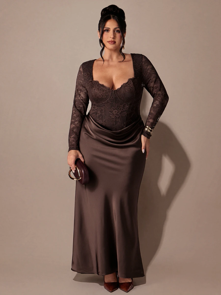 SHEIN BAE CURVE 大尺碼女款蕾絲修身長袖洋裝,優雅長洋裝 - 白色 - 查看 1
