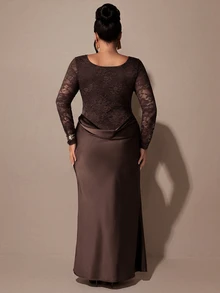 SHEIN BAE CURVE 大尺碼女款蕾絲修身長袖洋裝，優雅長洋裝 - 白色 - 查看 3