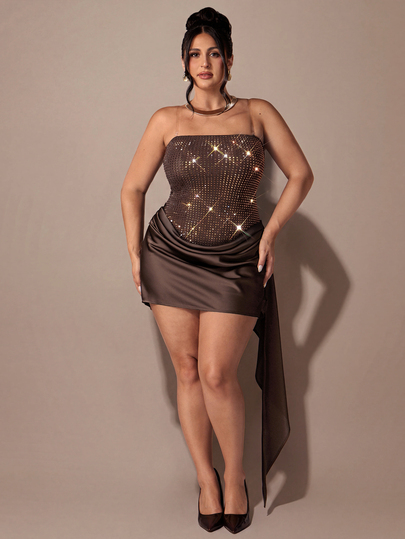 SHEIN BAE CURVE Plus Size Women Rhinestone Party Dress, Halloween, Cocktail Dress, Autumn/Winter Solid Color Rhinestone Strapless Patchwork Satin Elegant Mini Dress