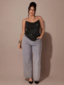 SHEIN BAE CURVE ملابس علوية كاميسول نسائية مقاس كبير باللون الأسود مزينة بالراينستون - الأسود - مشاهدة 2