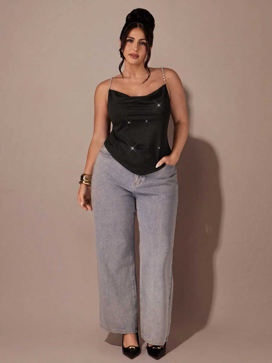SHEIN BAE CURVE Áo hai dây tank top nữ size lớn màu đen đính đá rhinestone - màu đen - Xem 1
