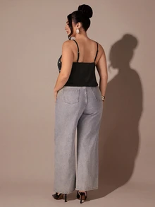 SHEIN BAE CURVE ملابس علوية كاميسول نسائية مقاس كبير باللون الأسود مزينة بالراينستون - الأسود - مشاهدة 5