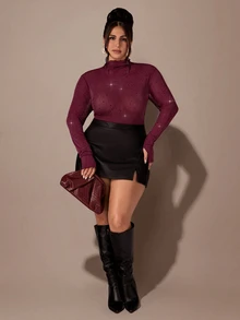 SHEIN BAE CURVE بودي سوت نسائي مقاس كبير باللون البرغندي مرصع بالراين ستون من الشبك شبه الشفاف بأكمام طويلة - عنابي اللون - مشاهدة 6