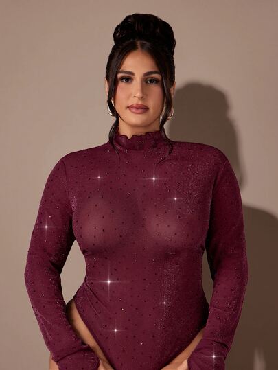 SHEIN BAE CURVE Plus Size Women's Burgundy Rhinestone Semi-Sheer Mesh Long Sleeve Bodysuit