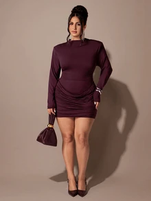 SHEIN BAE CURVE بدلة نسائية بأكمام طويلة مقاس كبير، طقم تنورة من قطعتين - بني - مشاهدة 7