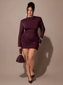SHEIN BAE CURVE بدلة نسائية بأكمام طويلة مقاس كبير، طقم تنورة من قطعتين - بني - مشاهدة 2