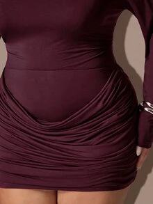 SHEIN BAE CURVE بدلة نسائية بأكمام طويلة مقاس كبير، طقم تنورة من قطعتين - بني - مشاهدة 4