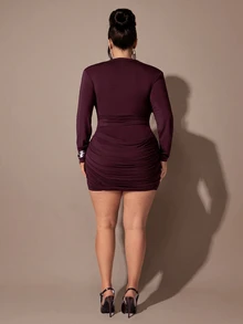 SHEIN BAE CURVE بدلة نسائية بأكمام طويلة مقاس كبير، طقم تنورة من قطعتين - بني - مشاهدة 6