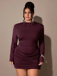 SHEIN BAE CURVE بدلة نسائية بأكمام طويلة مقاس كبير، طقم تنورة من قطعتين - بني - مشاهدة 3