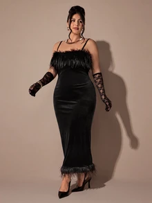 SHEIN BAE CURVE Plus Size Elegant Black Plush Slip Dress With Feather-Trimmed Sweetheart Neckline, Women's Party Dinner For Autumn, Winter, Christmas, Wedding Guests - Black - View 6