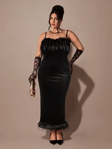 SHEIN BAE CURVE Plus Size Elegant Black Plush Slip Dress With Feather-Trimmed Sweetheart Neckline, Women's Party Dinner For Autumn, Winter, Christmas, Wedding Guests - Black - View 3