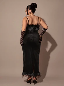 SHEIN BAE CURVE Plus Size Elegant Black Plush Slip Dress With Feather-Trimmed Sweetheart Neckline, Women's Party Dinner For Autumn, Winter, Christmas, Wedding Guests - Black - View 4