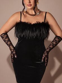 SHEIN BAE CURVE Plus Size Elegant Black Plush Slip Dress With Feather-Trimmed Sweetheart Neckline, Women's Party Dinner For Autumn, Winter, Christmas, Wedding Guests - Black - View 2